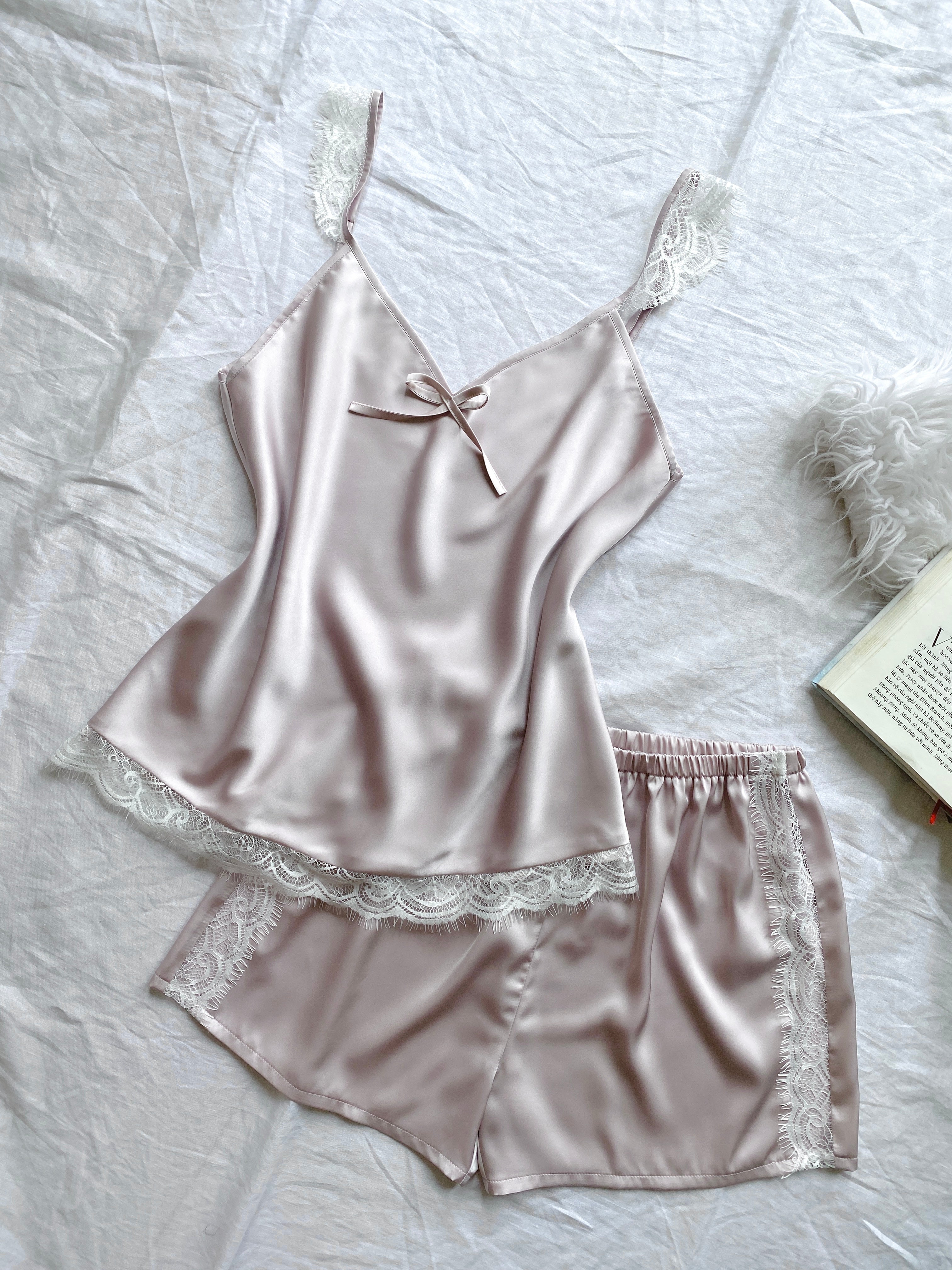 White Lace Satin Pajama Set, Bride Cami & Shorts, Bridal Shower Gift, EIRA Set