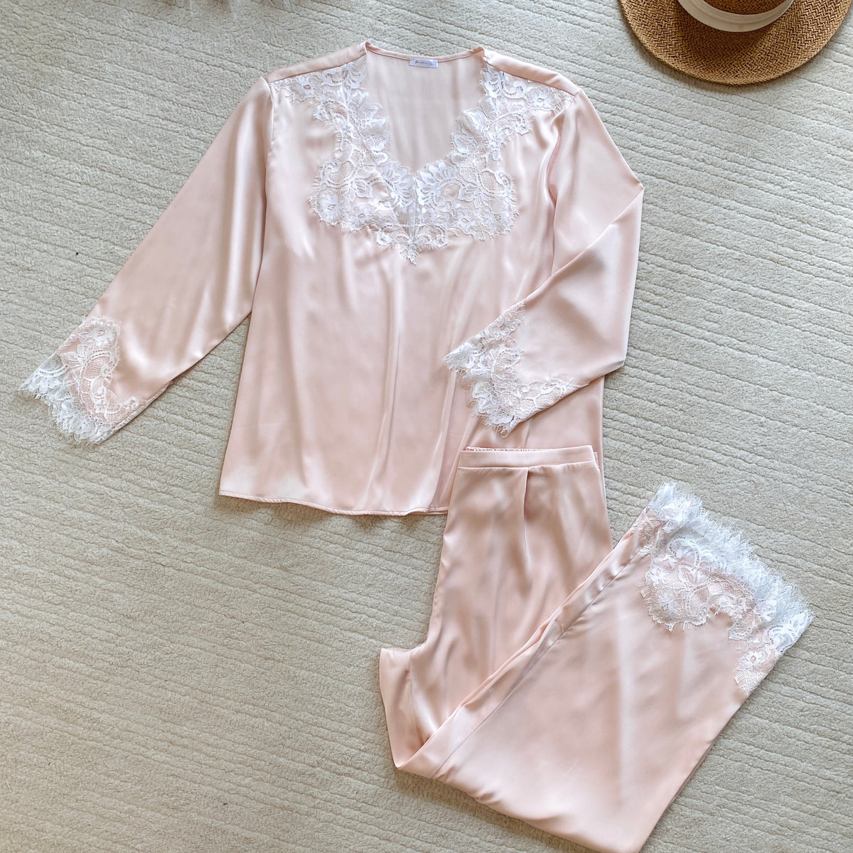 Lace Satin Pajama Set, Long Sleeves Pants Set, Gift for her, Rosalie