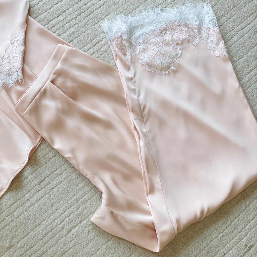 Lace Satin Pajama Set, Long Sleeves Pants Set, Gift for her, Rosalie