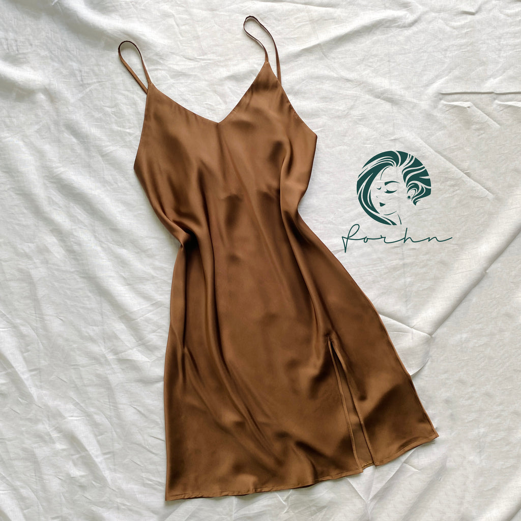 Silky V Neck Nightgown, Side Slit Slip Dress, Summer Nightdress in custom colors, Emerald