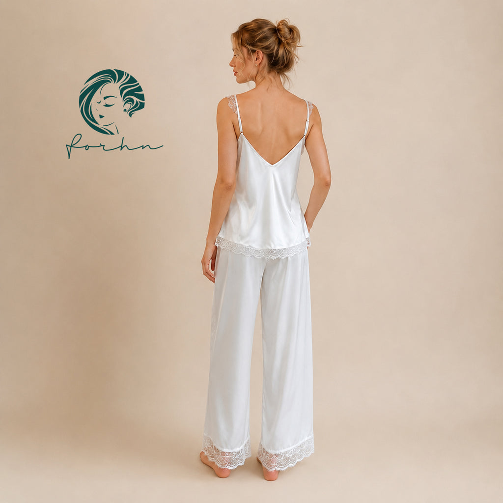 Satin Lace Cami and Long Pants Pajama Set Silky Sleepwear Bridal Loungewear Bride Gift EIRALS