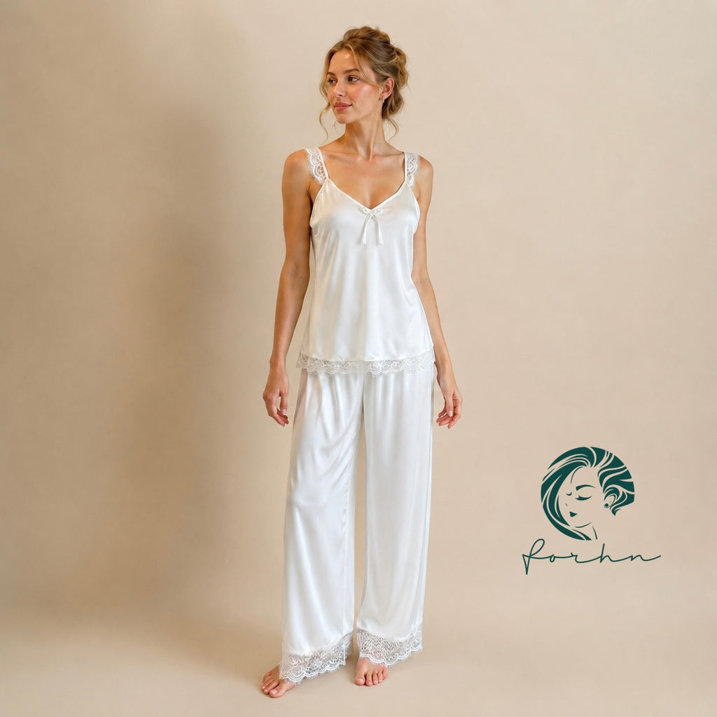 Satin Lace Cami and Long Pants Pajama Set Silky Sleepwear Bridal Loungewear Bride Gift EIRALS