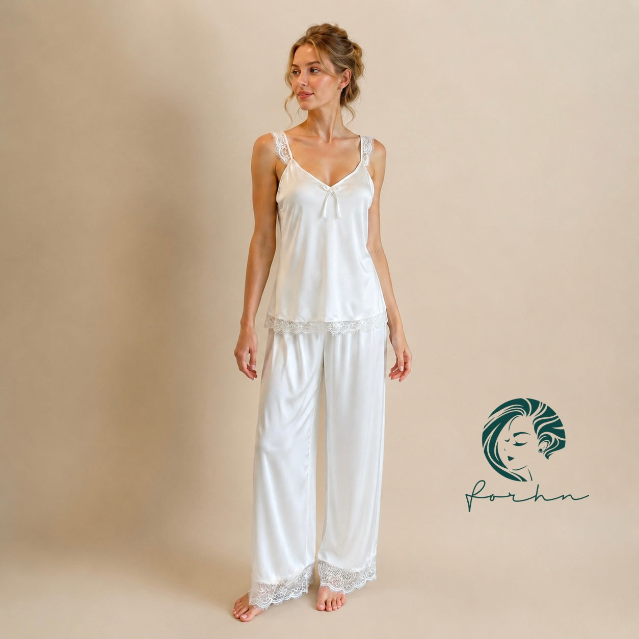 Satin Lace Cami and Long Pants Pajama Set Silky Sleepwear Bridal Loungewear Bride Gift EIRALS