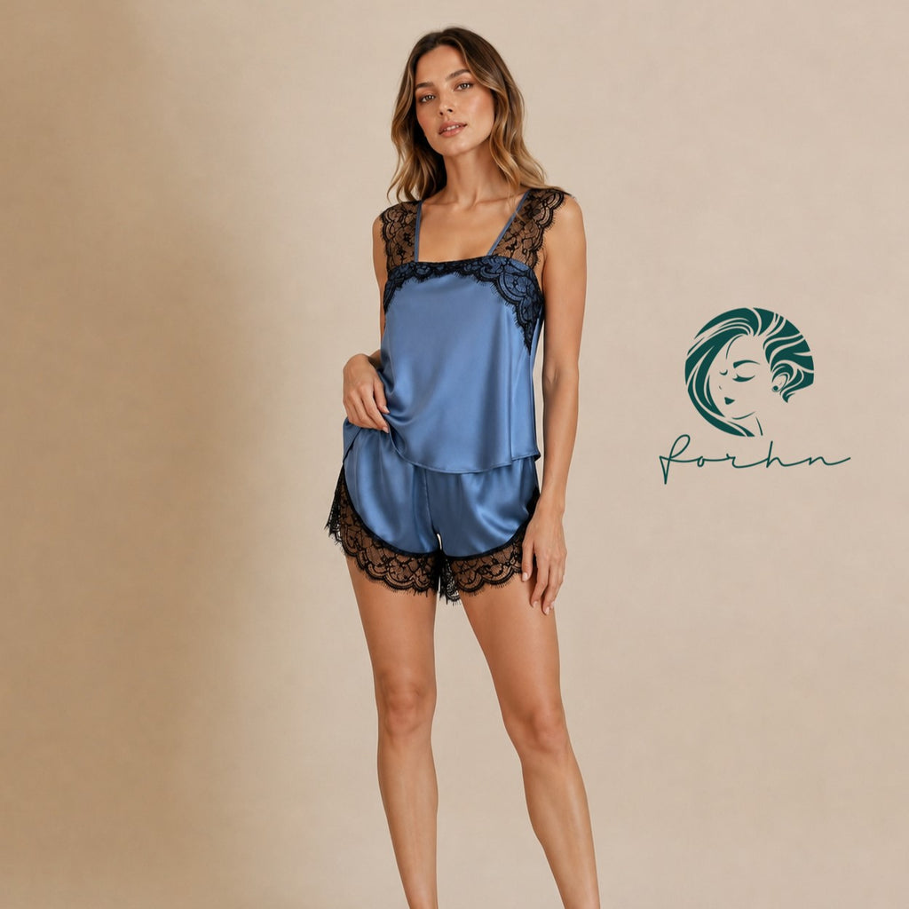 Brown/Black/Dusty Blue Satin Camisole Set Women's Pajamas Shorts Set Gift For Her KRISTAL
