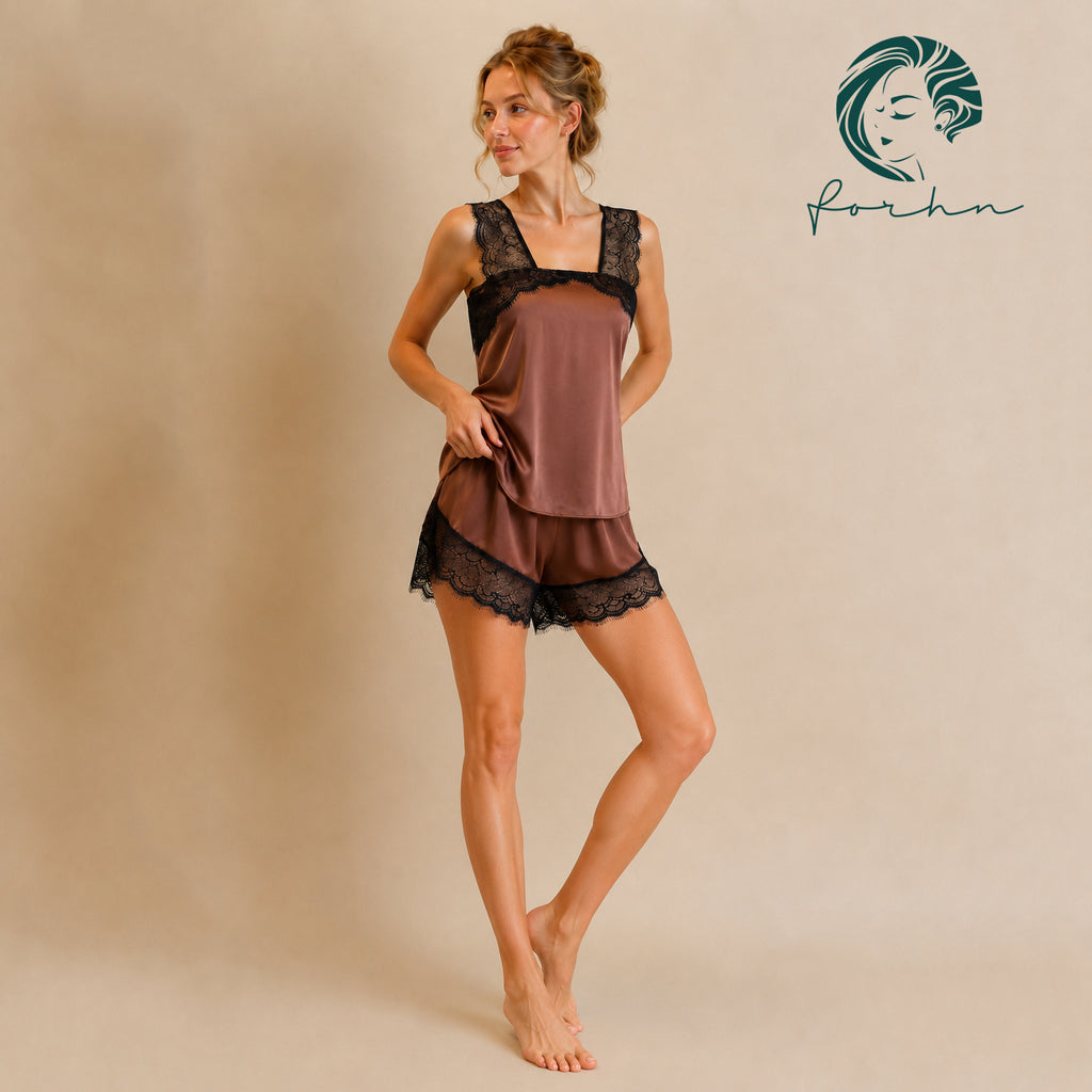Brown/Black/Dusty Blue Satin Camisole Set Women's Pajamas Shorts Set Gift For Her KRISTAL