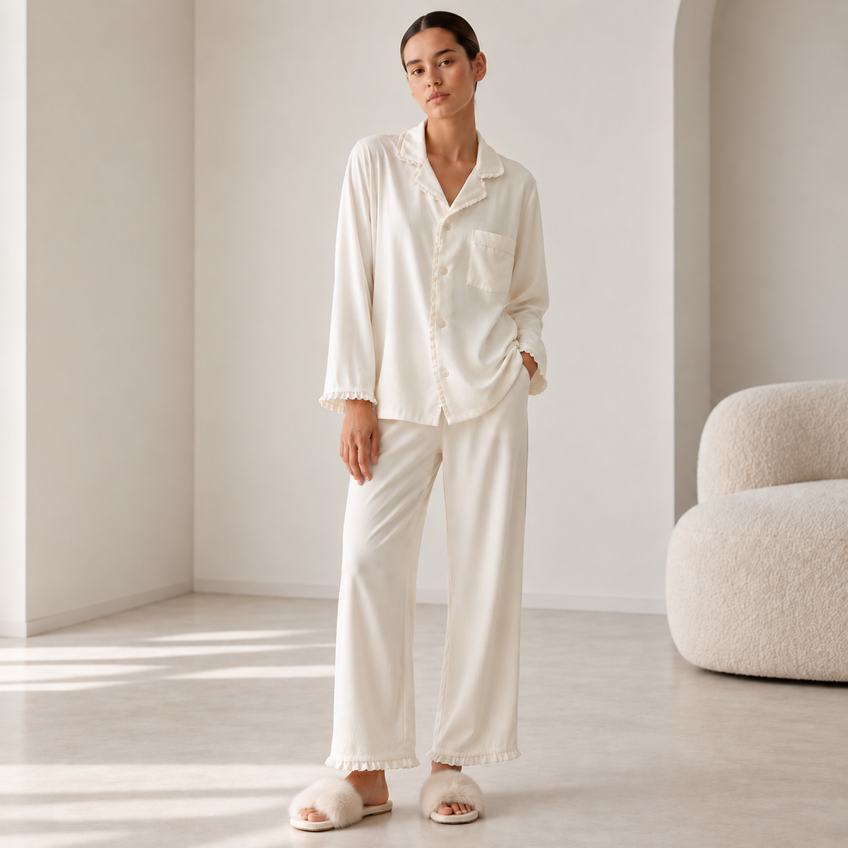 Cotton Pajama Set Long Sleeve Ruffle Women's Loungewear Gift for Her or Mom JULI PJ