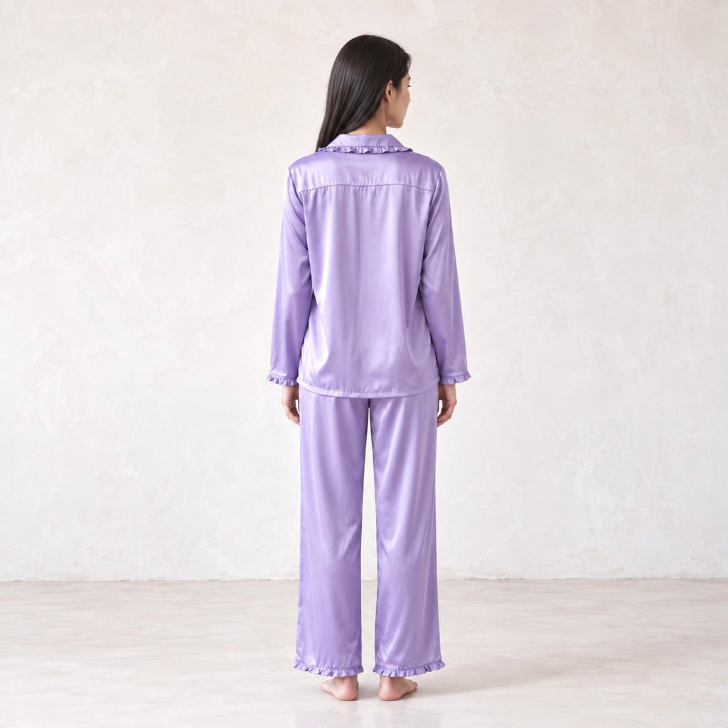 Ruffle Trim Satin Pajama Set – Women’s Long Sleeve Sleepwear - JULI LS