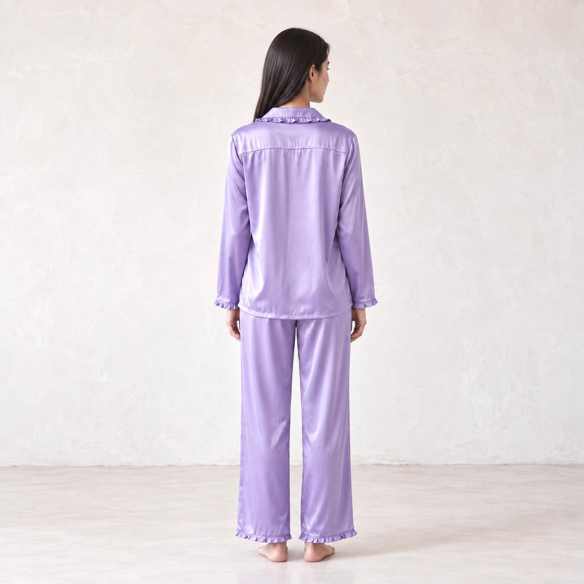 Ruffle Trim Satin Pajama Set – Women’s Long Sleeve Sleepwear - JULI LS