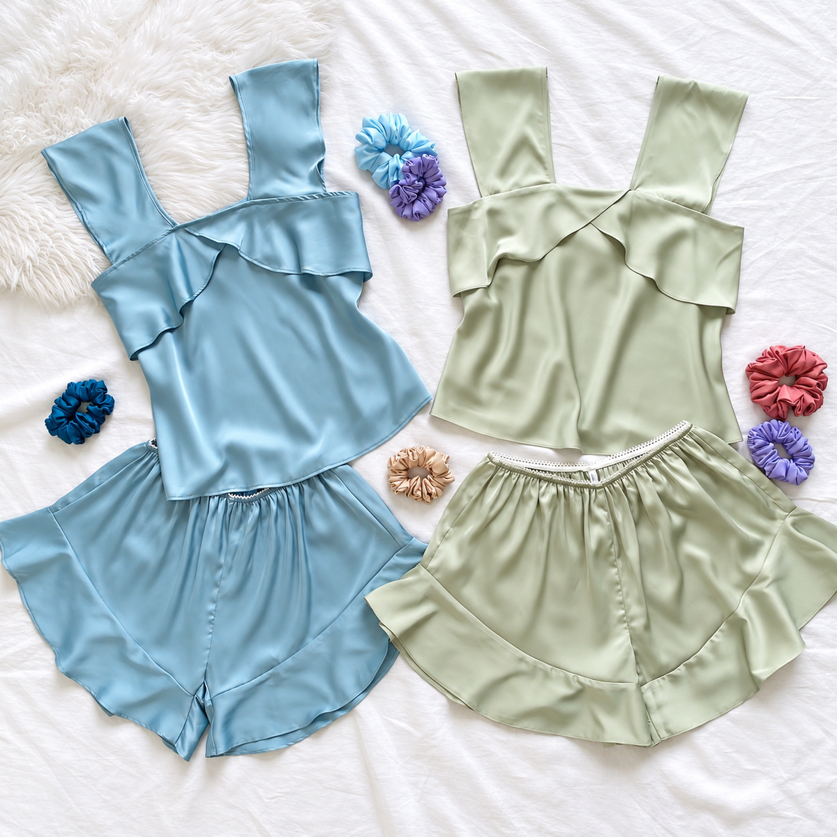 KRIS Silky Satin Pajama Set, Wide Strap Cami Shorts, Women's Loungewear, Holiday Gift for Her
