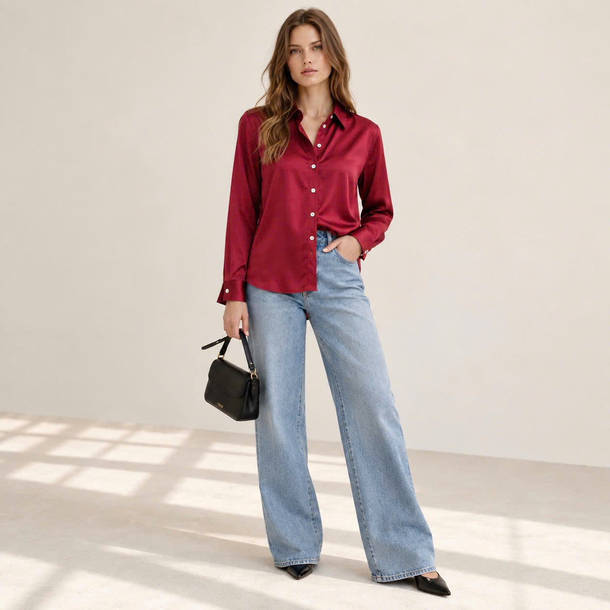 Elegant Satin Blouse Long Sleeve Button-Up Workwear - Office Blouse Kathy