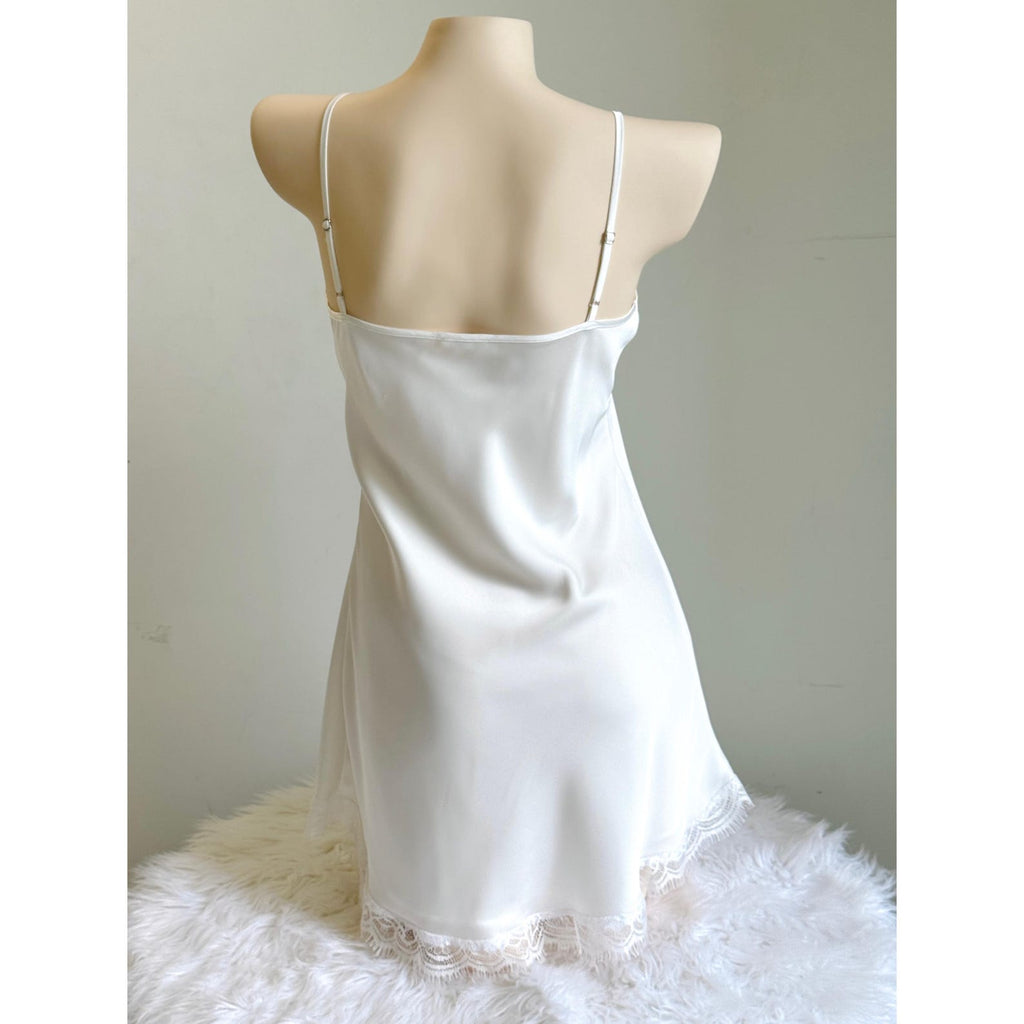 White Satin Lace Slip Dress, Fully Lined – Romantic Cami Nightgown - Elegant Sleepwear KEVI