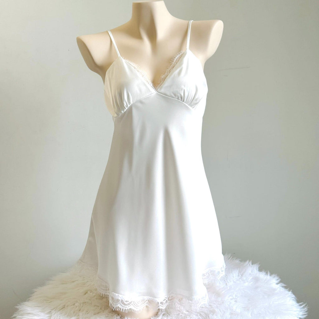White Satin Lace Slip Dress, Fully Lined – Romantic Cami Nightgown - Elegant Sleepwear KEVI