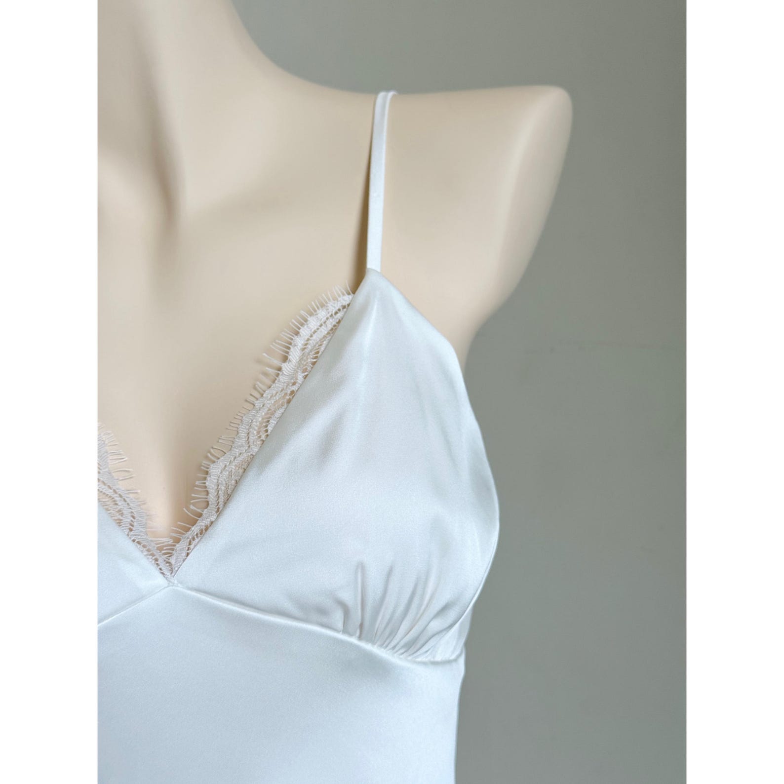 White Satin Lace Slip Dress, Fully Lined – Romantic Cami Nightgown - Elegant Sleepwear KEVI