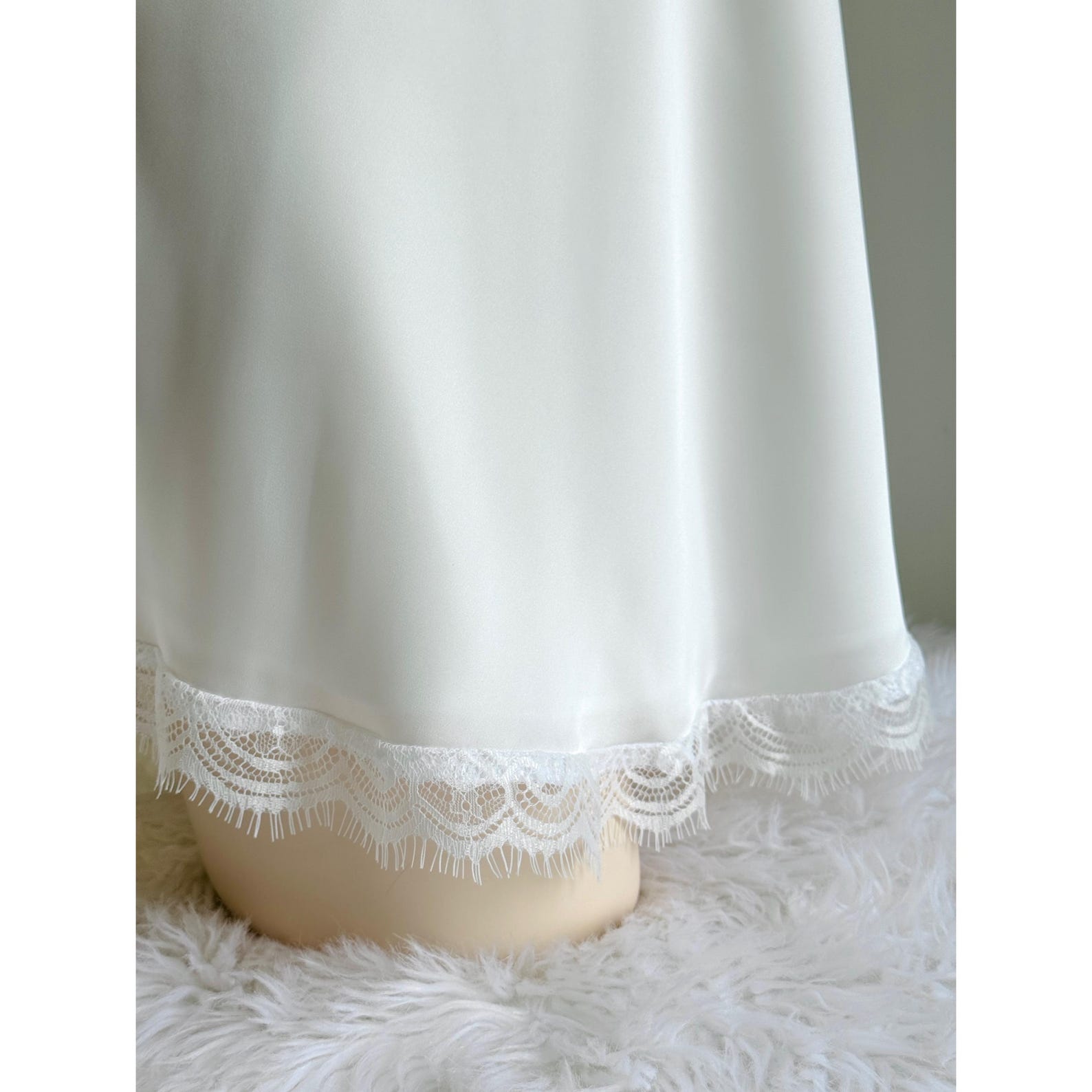 White Satin Lace Slip Dress, Fully Lined – Romantic Cami Nightgown - Elegant Sleepwear KEVI