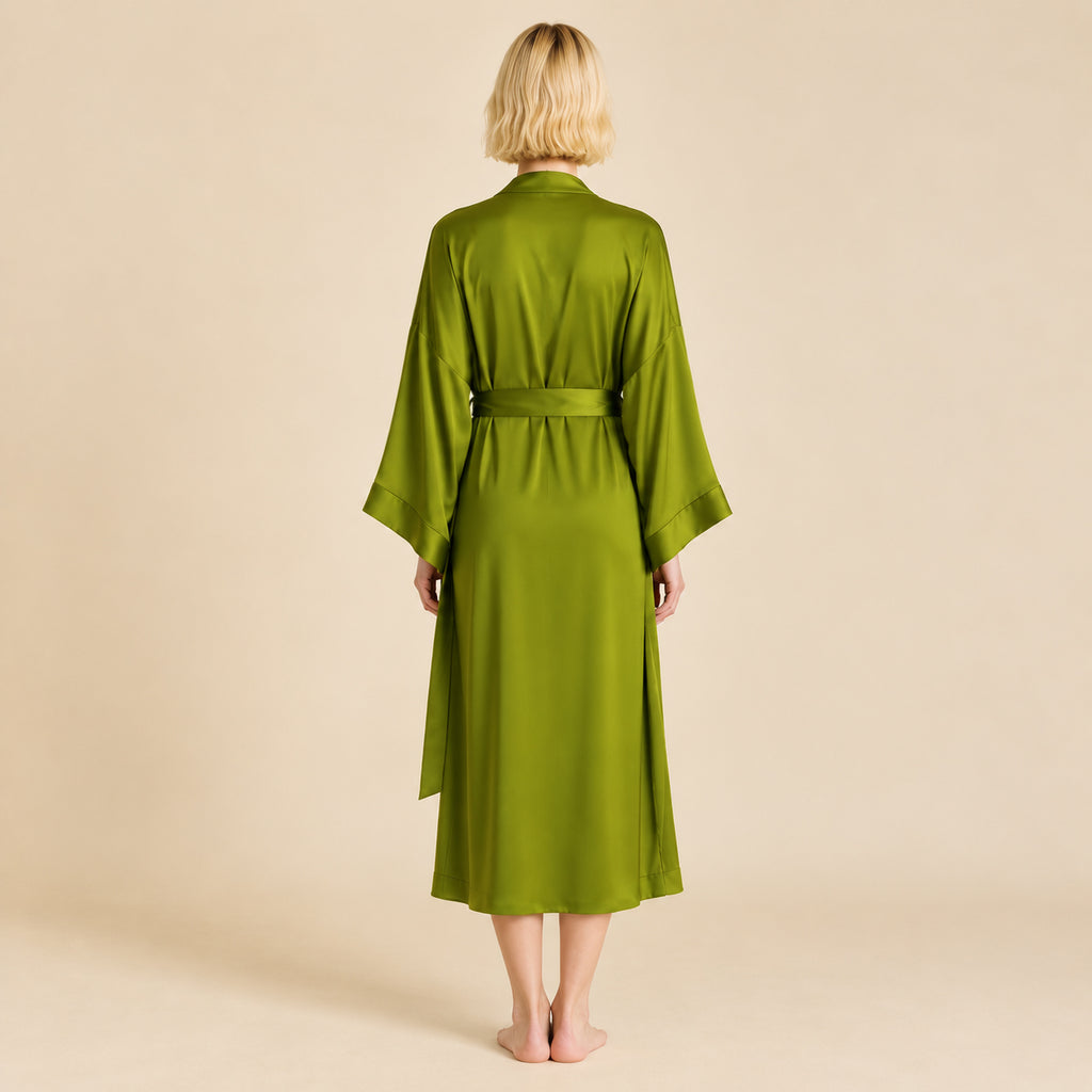 Grass Green Satin Kimono Robe, Long Silky Slip Dress, Women Sleepwear, Gift For Her