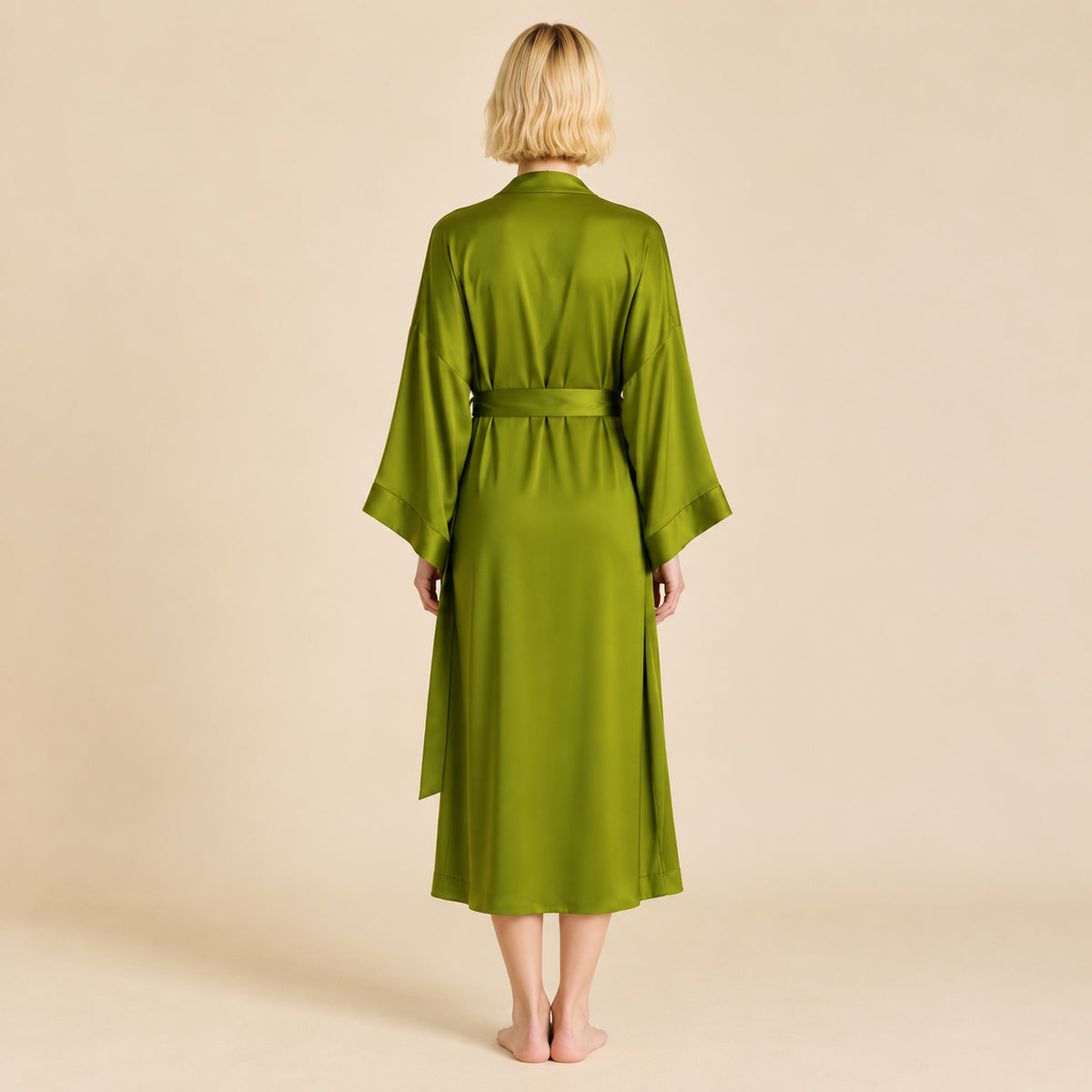 Grass Green Satin Kimono Robe, Long Silky Slip Dress, Women Sleepwear, Gift For Her