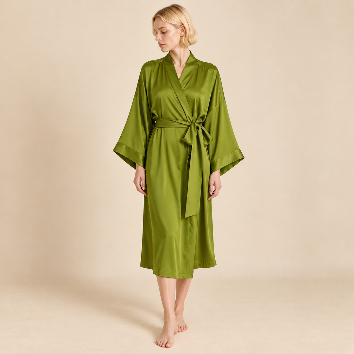 Grass Green Satin Kimono Robe, Long Silky Slip Dress, Women Sleepwear, Gift For Her