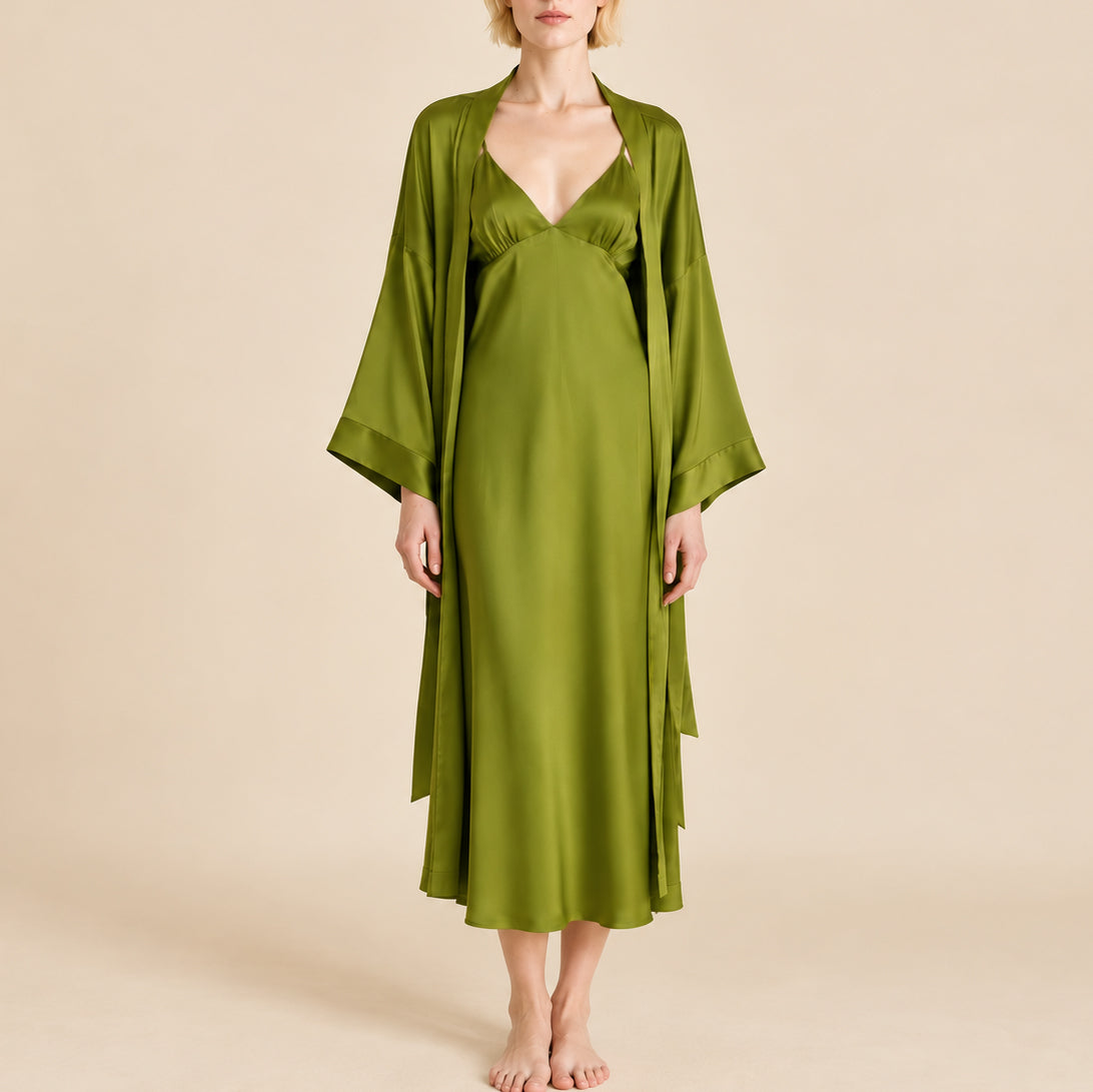 Grass Green Satin Kimono Robe, Long Silky Slip Dress, Women Sleepwear, Gift For Her