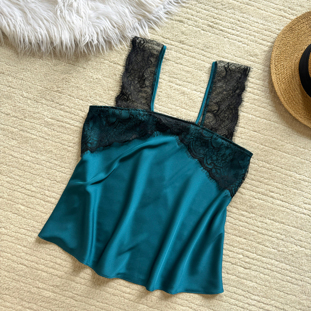 Women's Satin Pajama Set with Lace, Camisole Top & Long Pants, Elegant Sleepwear Set for Women, Kristal Lset