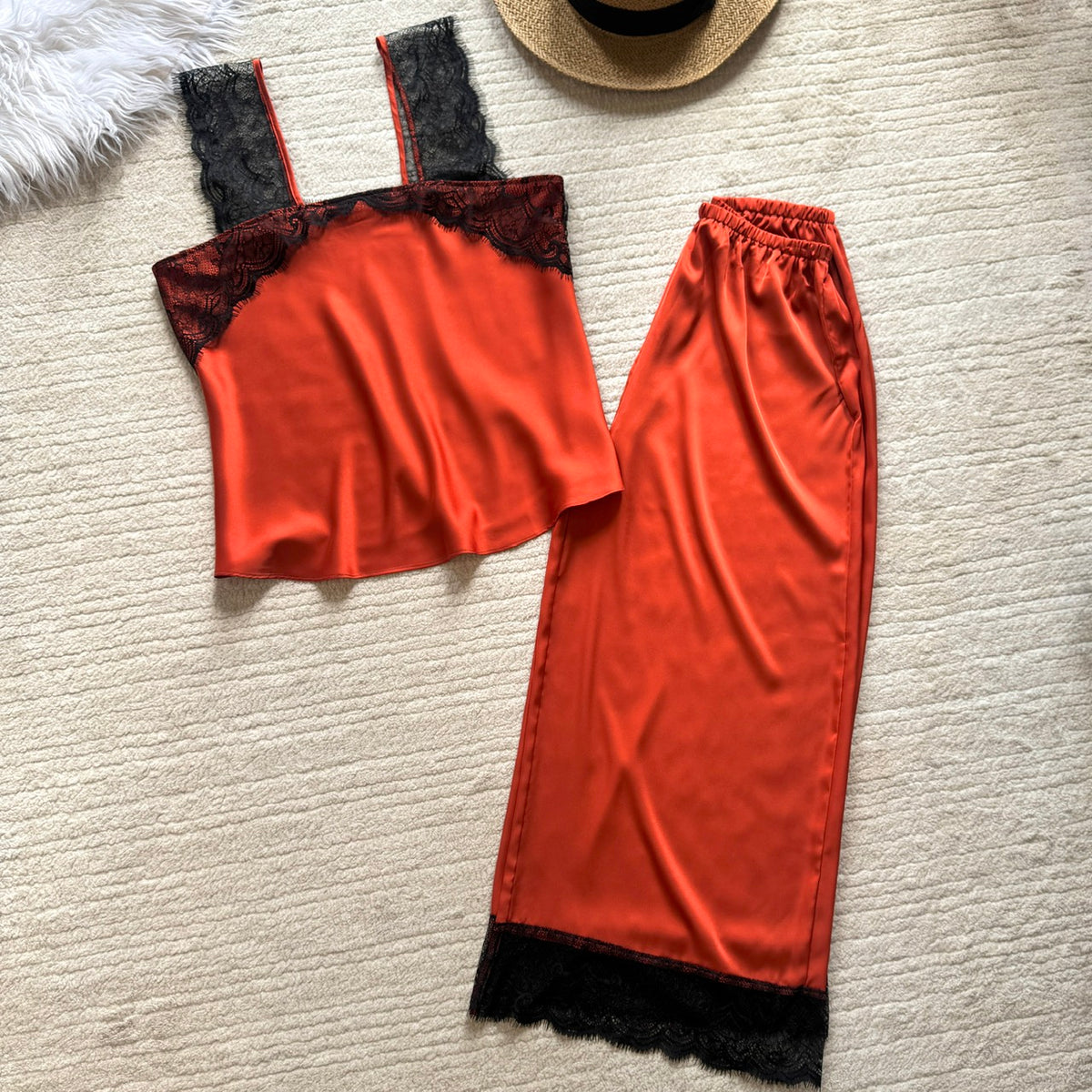 Women's Satin Pajama Set with Lace, Camisole Top & Long Pants, Elegant Sleepwear Set for Women, Kristal Lset