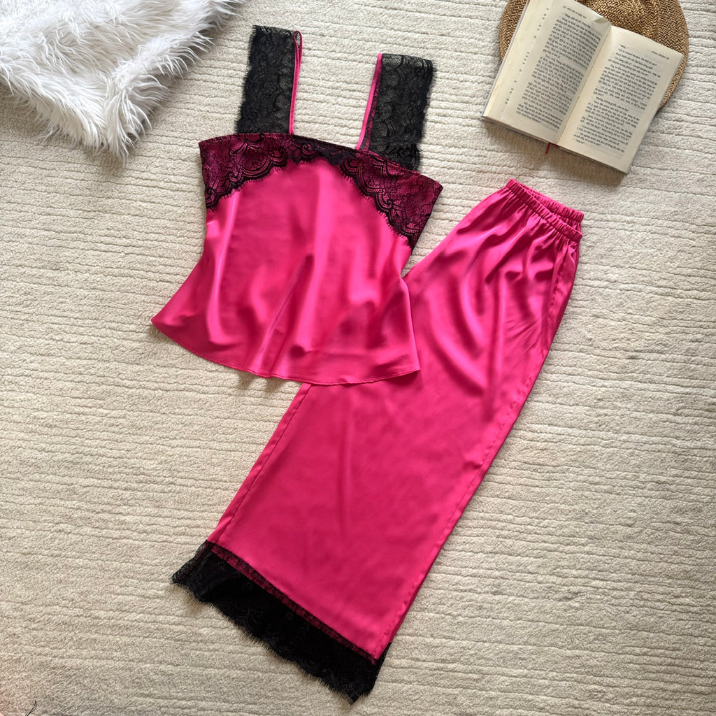 Women's Satin Pajama Set with Lace, Camisole Top & Long Pants, Elegant Sleepwear Set for Women, Kristal Lset