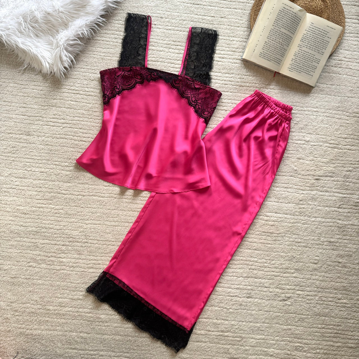 Women's Satin Pajama Set with Lace, Camisole Top & Long Pants, Elegant Sleepwear Set for Women, Kristal Lset