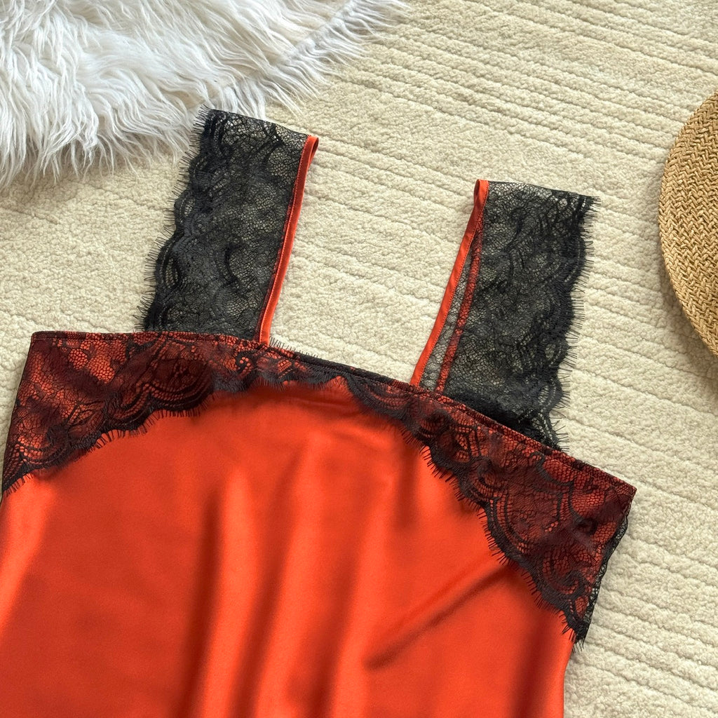 Women's Satin Pajama Set with Lace, Camisole Top & Long Pants, Elegant Sleepwear Set for Women, Kristal Lset