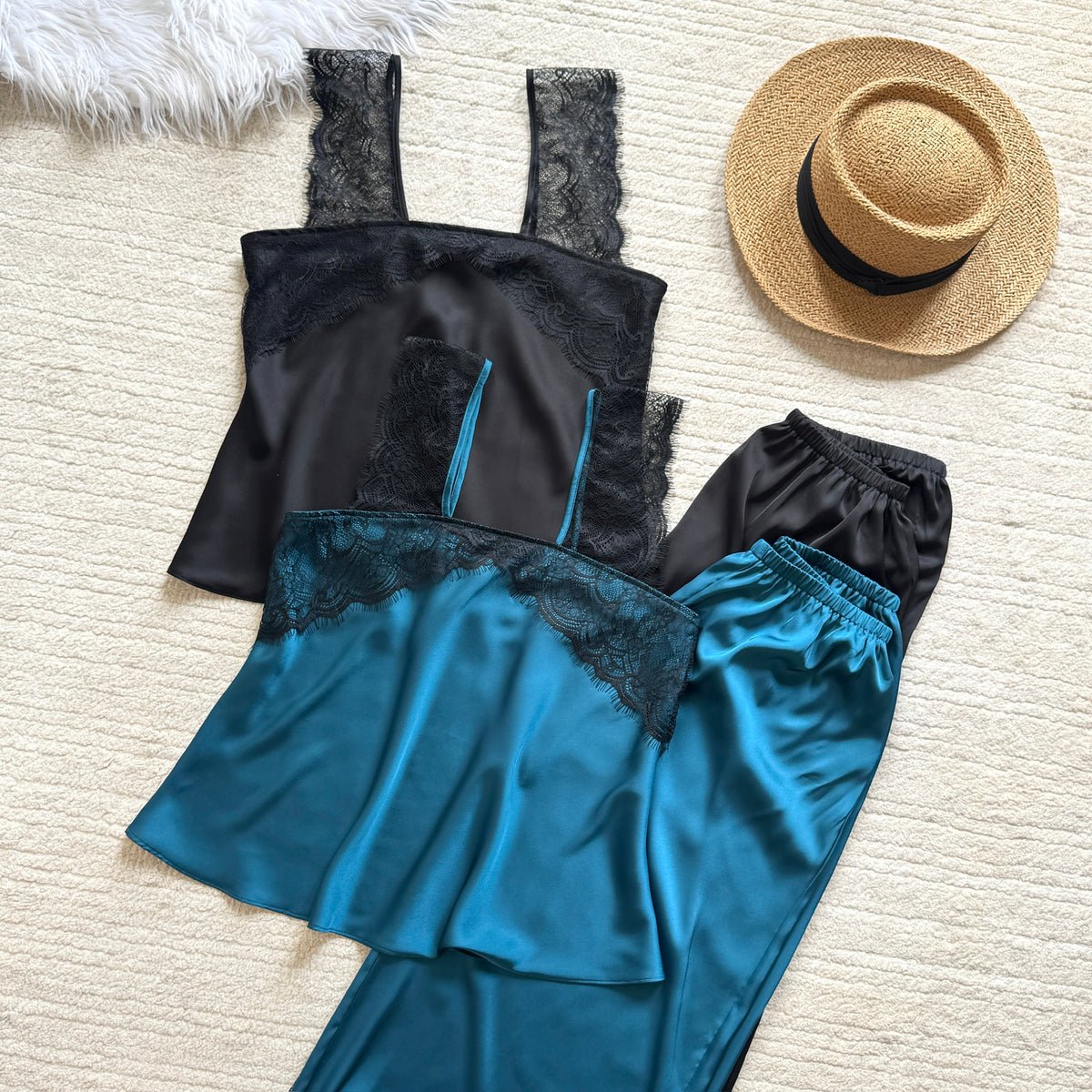 Women's Satin Pajama Set with Lace, Camisole Top & Long Pants, Elegant Sleepwear Set for Women, Kristal Lset