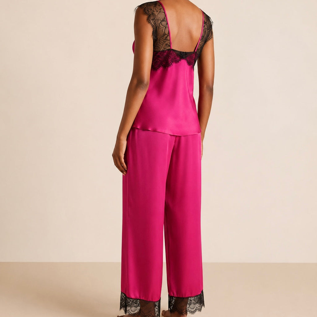 Women's Satin Pajama Set with Lace, Camisole Top & Long Pants, Elegant Sleepwear Set for Women, Kristal Lset