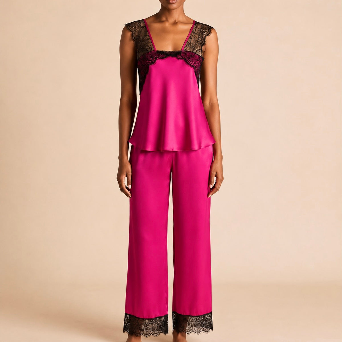 Women's Satin Pajama Set with Lace, Camisole Top & Long Pants, Elegant Sleepwear Set for Women, Kristal Lset