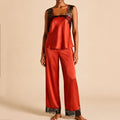 Women's Satin Pajama Set with Lace, Camisole Top & Long Pants, Elegant Sleepwear Set for Women, Kristal Lset