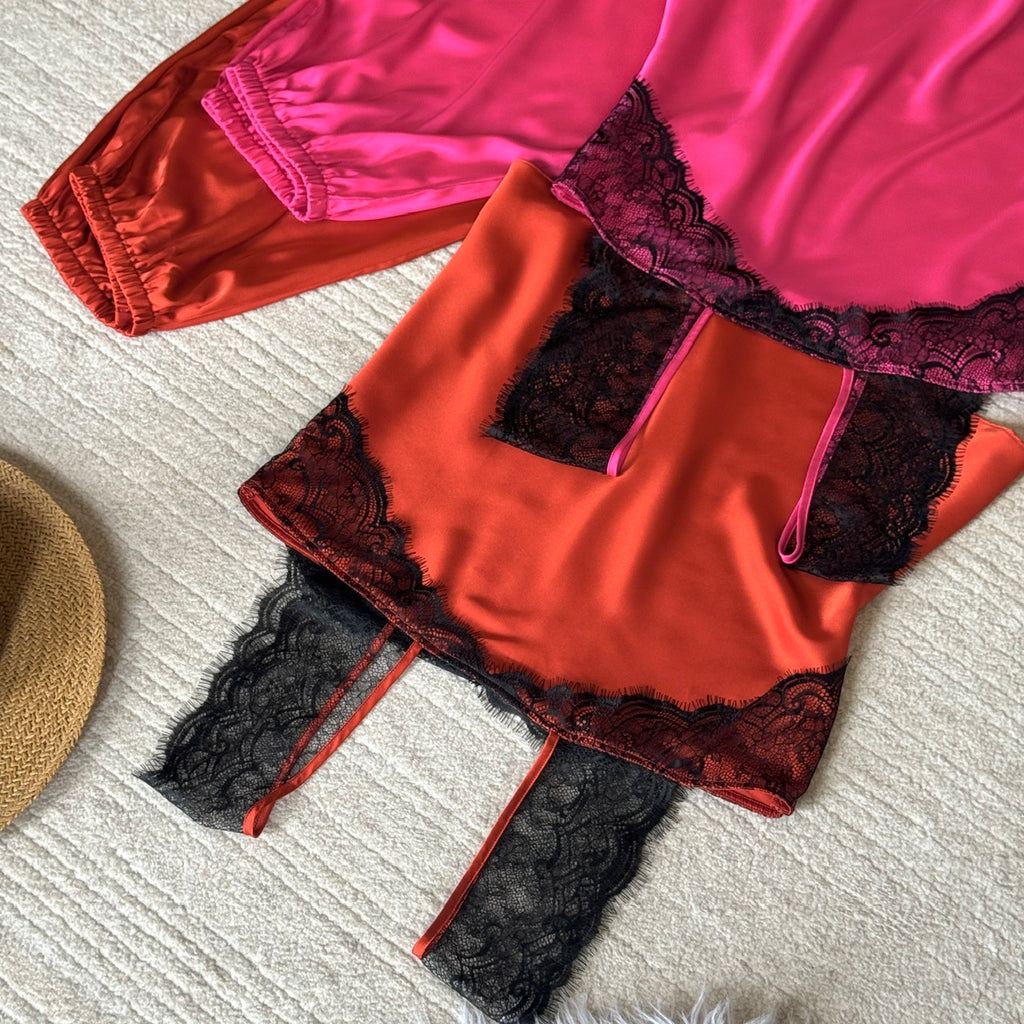 Women's Satin Pajama Set with Lace, Camisole Top & Long Pants, Elegant Sleepwear Set for Women, Kristal Lset