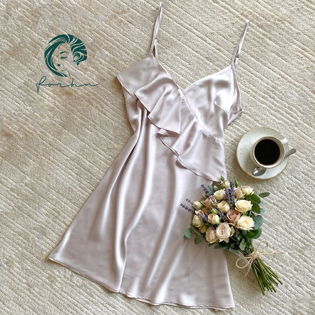 Satin Ruffle Slip Dress Date Night Outfit Silky Sleepwear Romantic Nightdress MEGAN