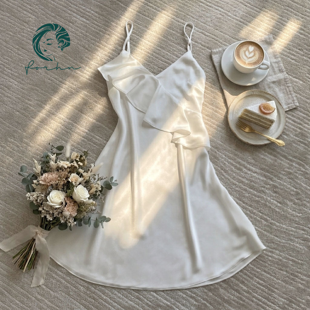 Satin Ruffle Slip Dress Date Night Outfit Silky Sleepwear Romantic Nightdress MEGAN