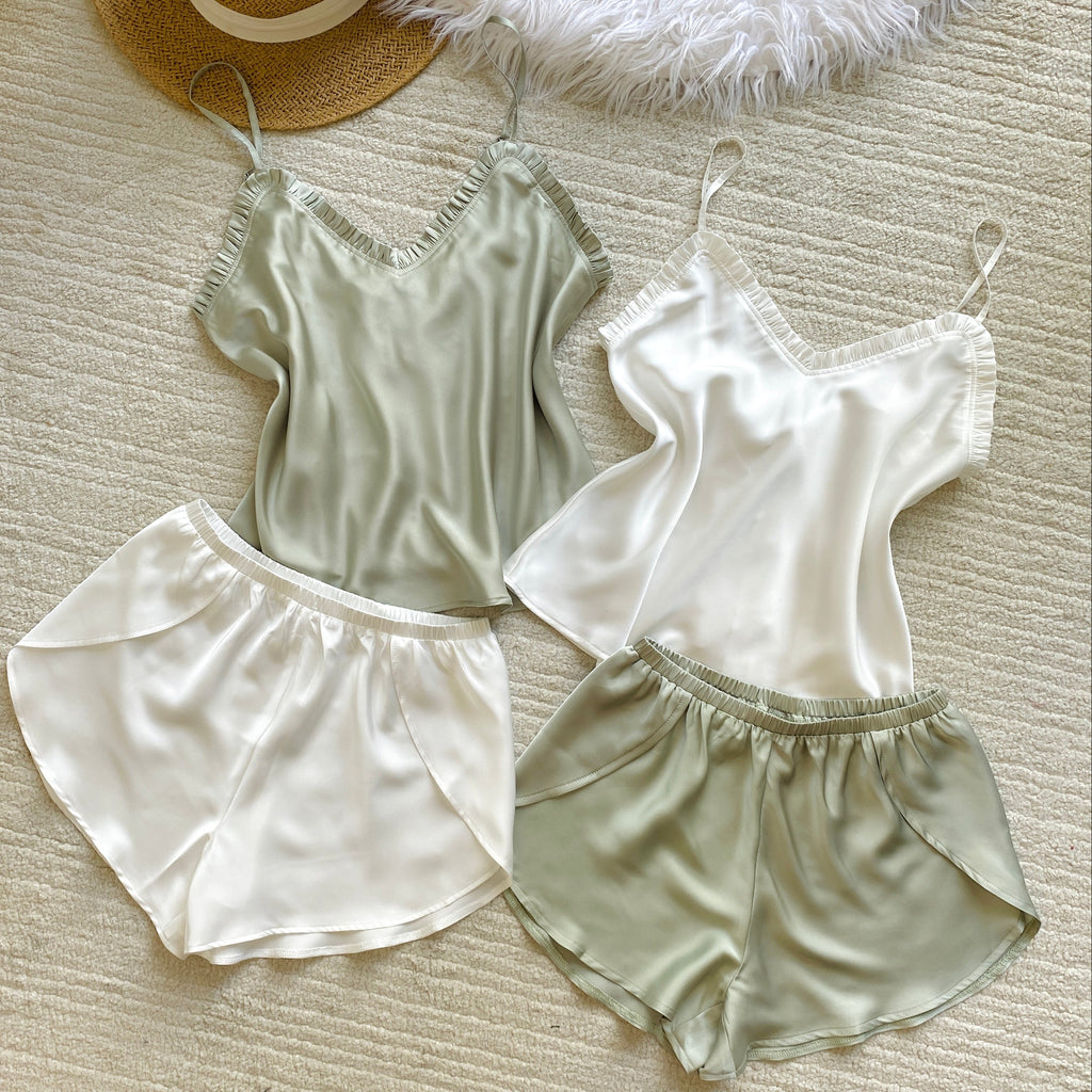 Satin Camisole Set: White, Olive-Green, Hot-pink, Apricot/Burnt-Orange Summer Pajamas SANA