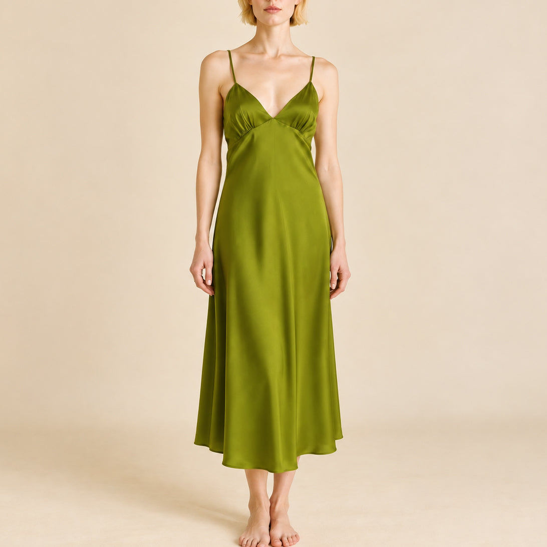Grass Green Satin Kimono Robe, Long Silky Slip Dress, Women Sleepwear, Gift For Her