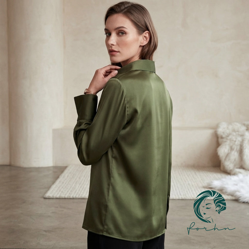 Moss Green, Beige Silky Blouse, Long Sleeve Hidden Button Office Satin Shirt, Siren Shirt