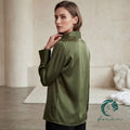 Moss Green, Beige Silky Blouse, Long Sleeve Hidden Button Office Satin Shirt, Siren Shirt
