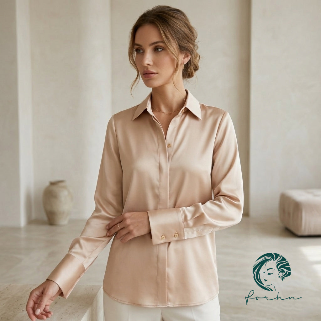 Moss Green, Beige Silky Blouse, Long Sleeve Hidden Button Office Satin Shirt, Siren Shirt