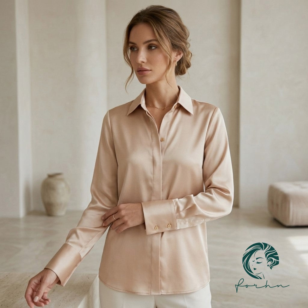 Moss Green/Beige Silky Blouse Long Sleeve Hidden Button Office Satin Shirt SIREN
