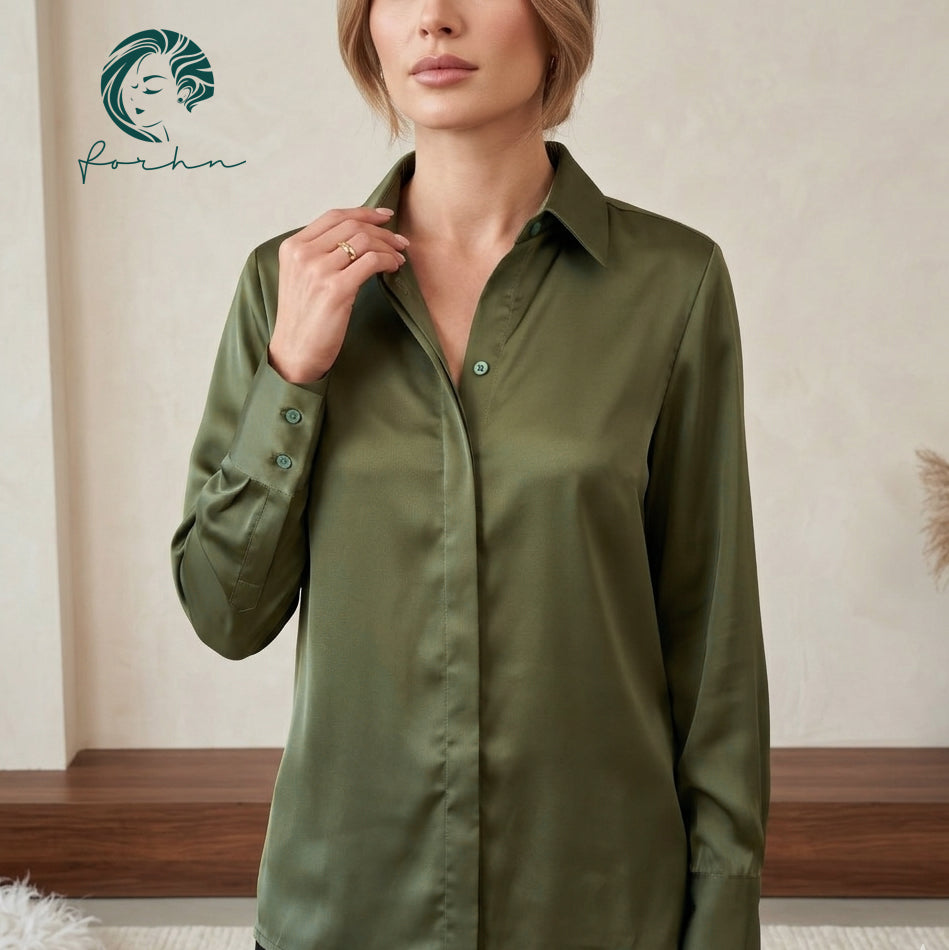 Moss Green, Beige Silky Blouse, Long Sleeve Hidden Button Office Satin Shirt, Siren Shirt