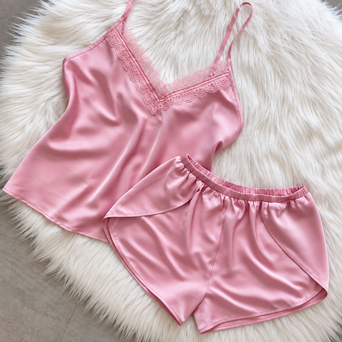 Lace Trim Satin Cami & Flutter Shorts Pajama Set, TIMREN