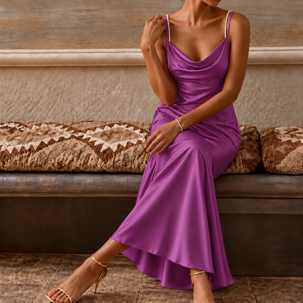 CELINE Satin Maxi Nightgown – Pearl Strap Cowl Neck Sleep Dress, Holidays Gift for Her