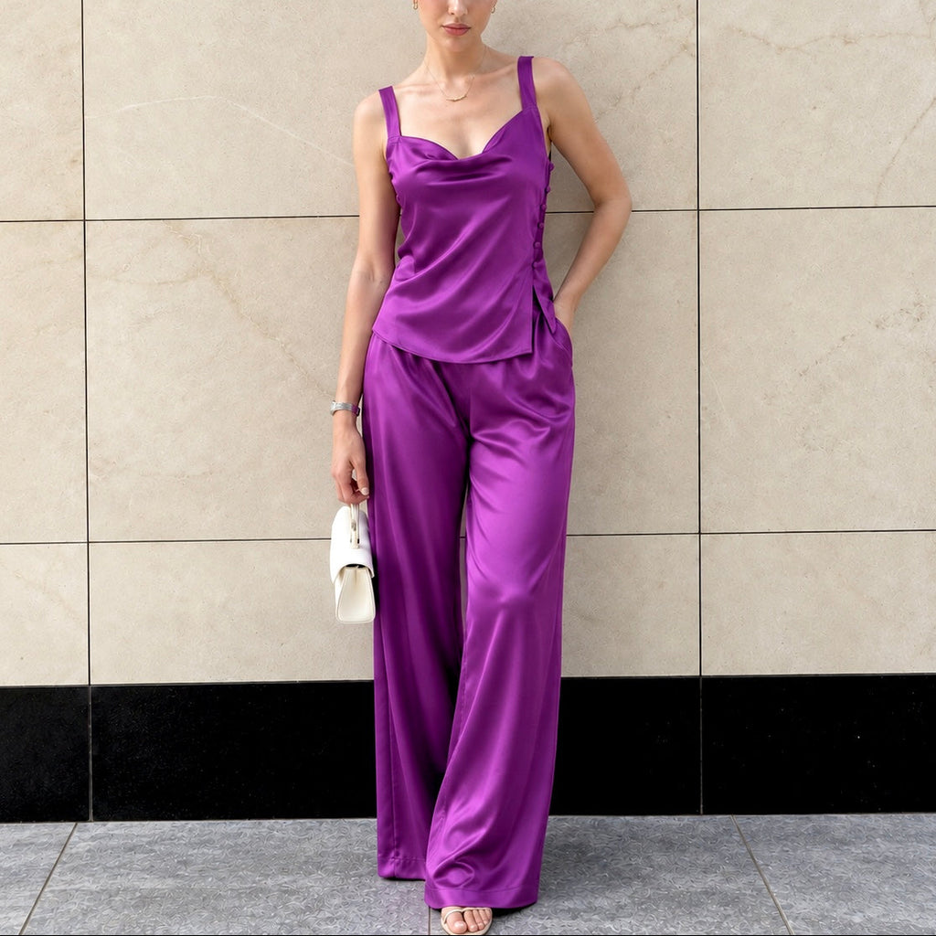 ALVA LSET Satin Wide Leg Pants Set – Cowl Neck Button Detail Top & Luxury Loungewear