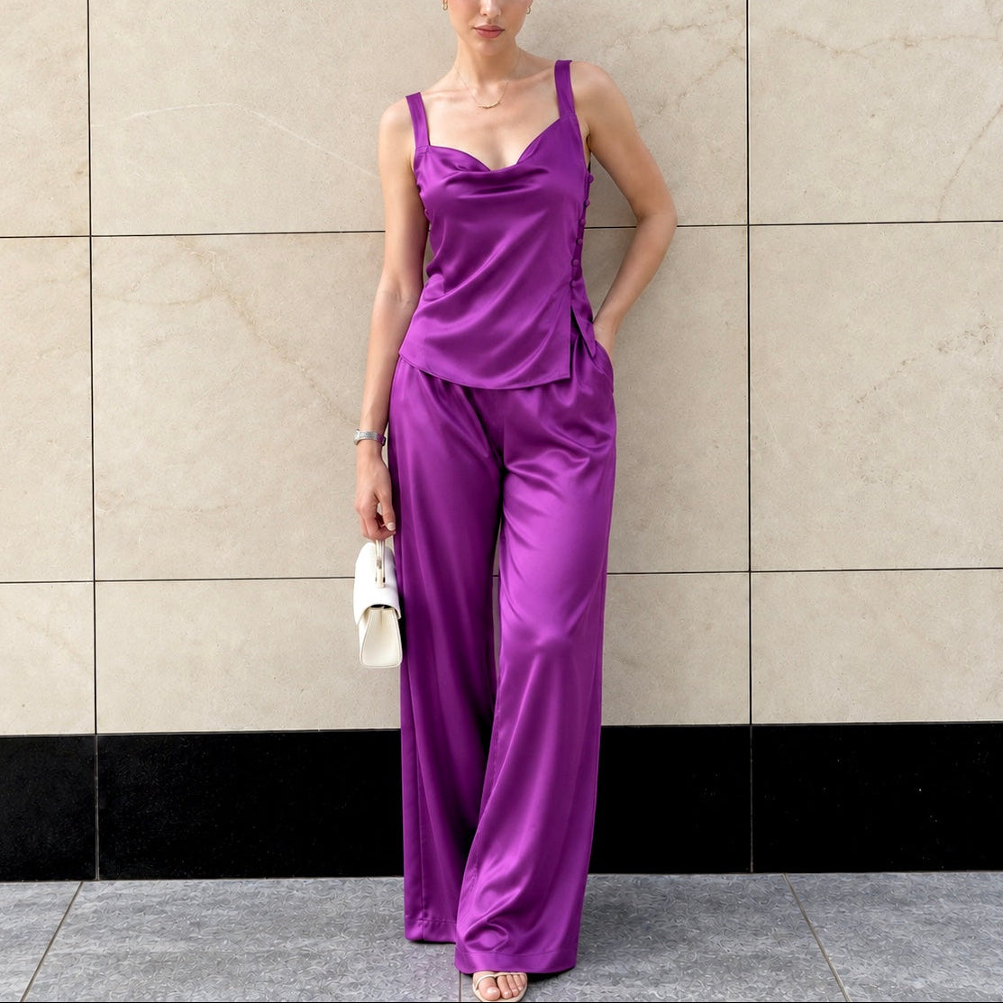 ALVA LSET Satin Wide Leg Pants Set – Cowl Neck Button Detail Top & Luxury Loungewear