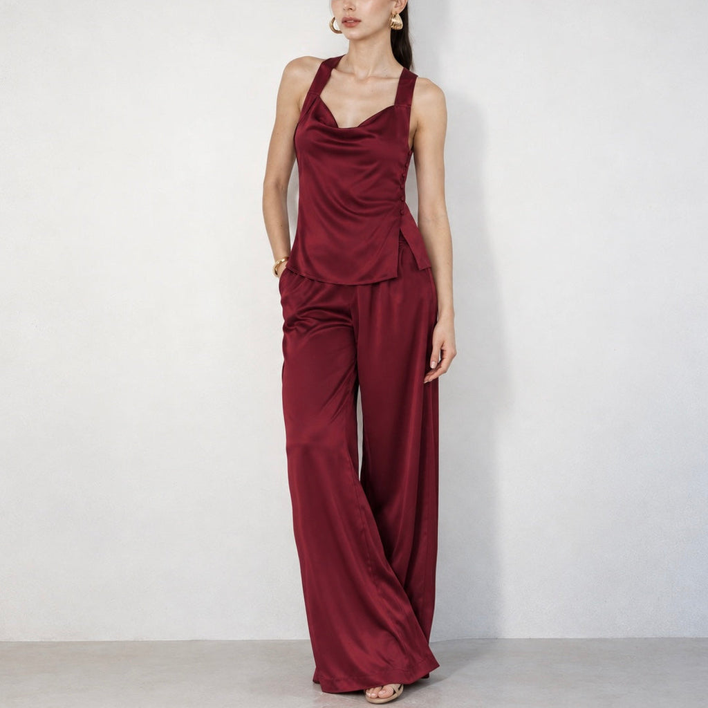 ALVA LSET Satin Wide Leg Pants Set – Cowl Neck Button Detail Top & Luxury Loungewear