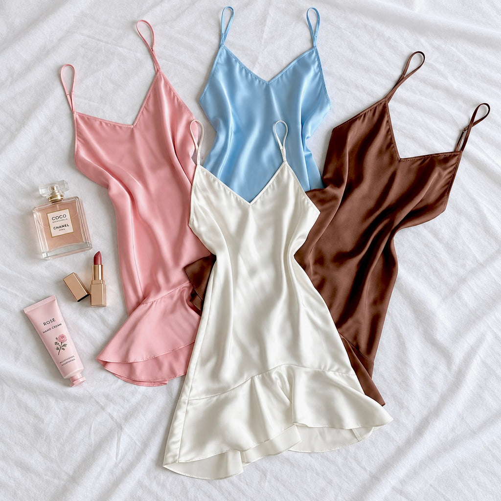 Ami Satin Fishtail Sleep Dress – Feminine - Mini Slip Dress, V-Neck Satin Cami