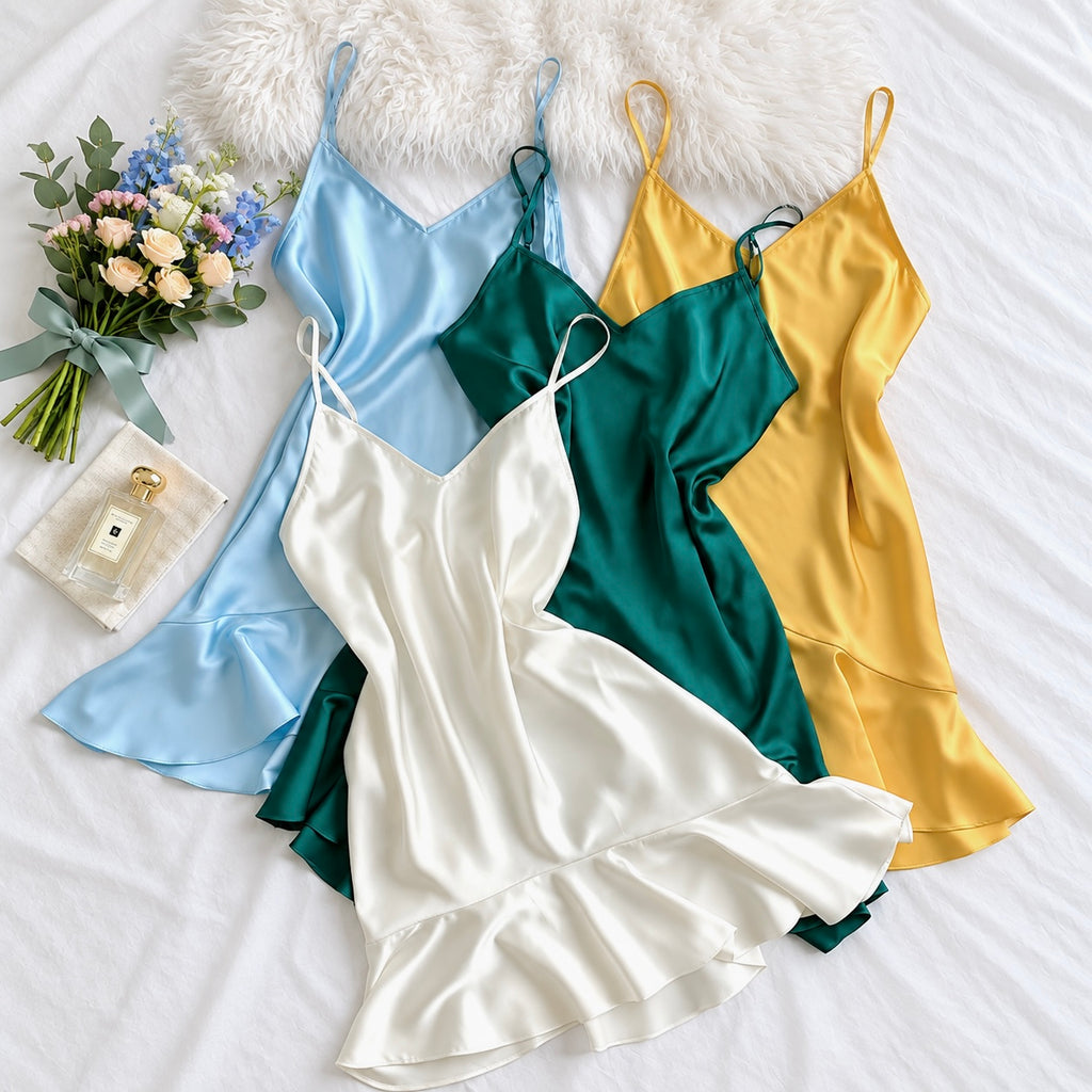 Ami Satin Fishtail Sleep Dress – Feminine - Mini Slip Dress, V-Neck Satin Cami