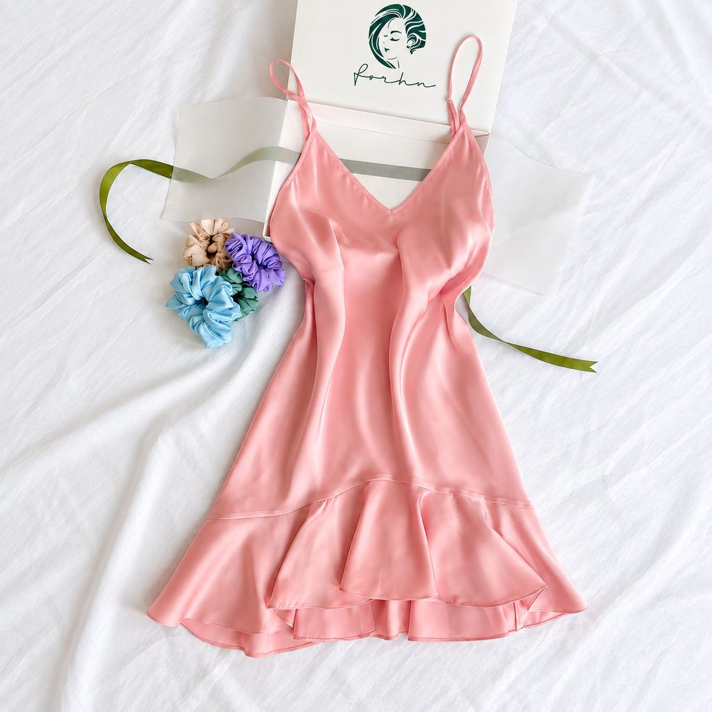 Ami Satin Fishtail Sleep Dress – Feminine - Mini Slip Dress, V-Neck Satin Cami