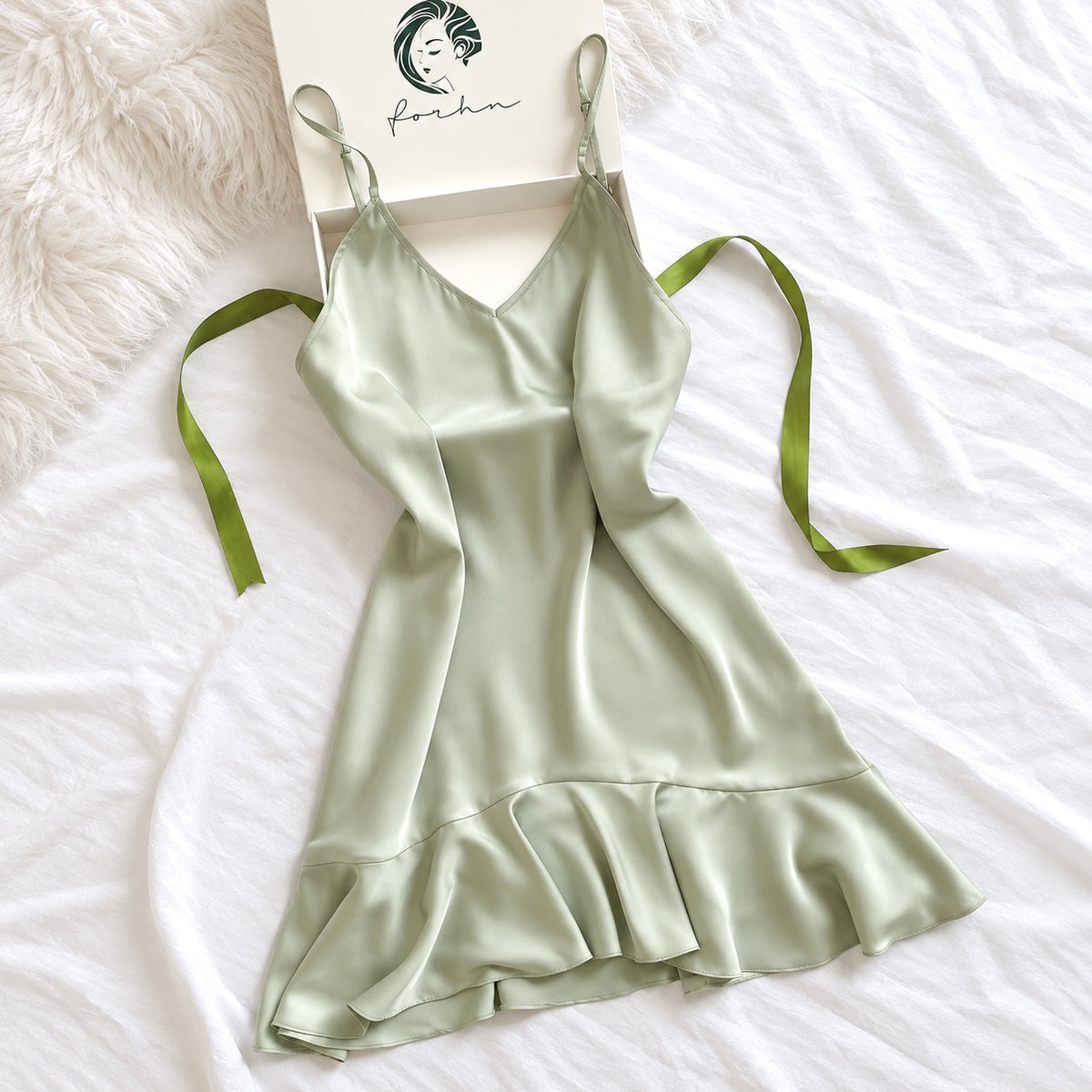 Ami Satin Fishtail Sleep Dress – Feminine - Mini Slip Dress, V-Neck Satin Cami